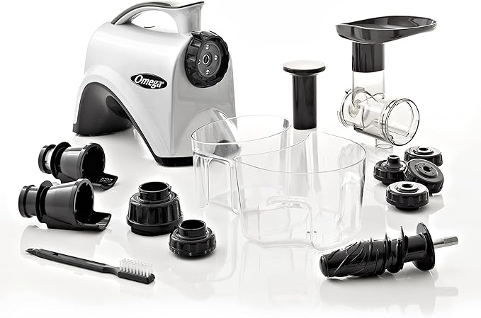 Omega NC800HDS Cold Press Juicer Machine, Vegetable and Fruit Juice Extractor and Nutrition System, Dual-Stage Slow Masticating Juicer, 150 W, Manual, Silver