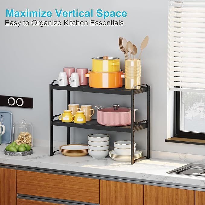 X-cosrack 2 Pack Expandable Kitchen Cabinet Shelf Organizer, Stackable Adjustable Storage Shelves for Pantry Cupboard Kitchen Counter, 20LBS Loading Capacity, Size: W*D*H=20.5 * 8.26" * 8.72"