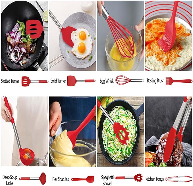 Silicone Kitchen Tools - Non - Stick, Anti - Slip, High - Temperature Resistant, Scald - Proof 14 - Piece Set with Stainless Steel Tube Handles & a Storage Bucket (Red)