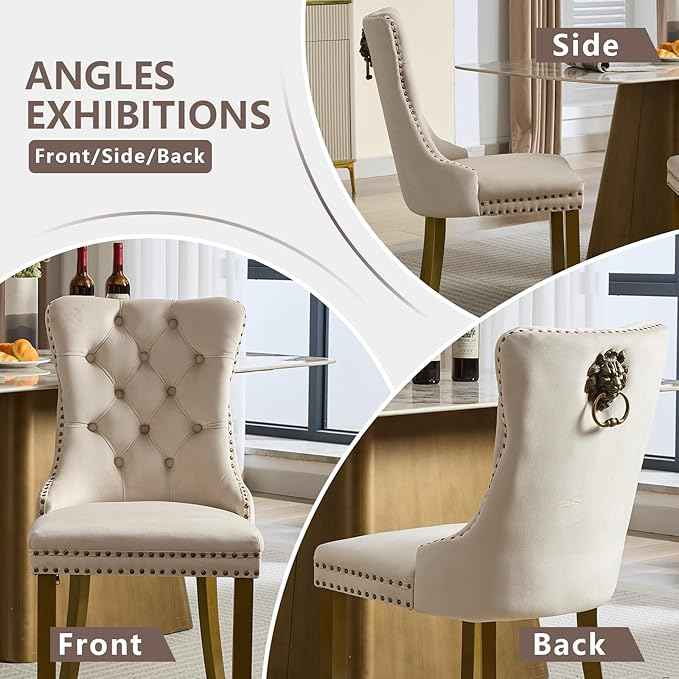 Velvet Dining Chairs Set of 6, Modern Tufted Dining Room Chair, Upholstered Dining Chairs with Lion Head Pulls Ring and Golden Solid Wood Legs, Luxury Kitchen Chairs for Dining Room, Beige