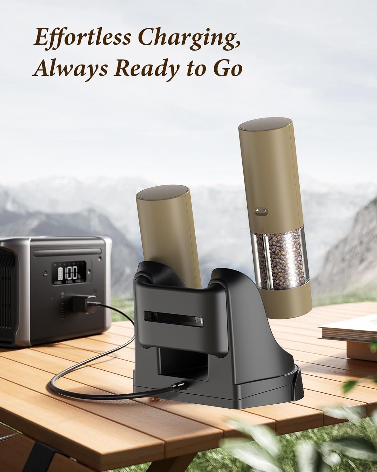 Electric Salt and Pepper Grinder Set - Automatic Refillable Salt and Pepper Grinders with Charging Base & LED Light, 6-Level Adjustable Coarseness with External Dial, Ideal Kitchen Gadget,Brown