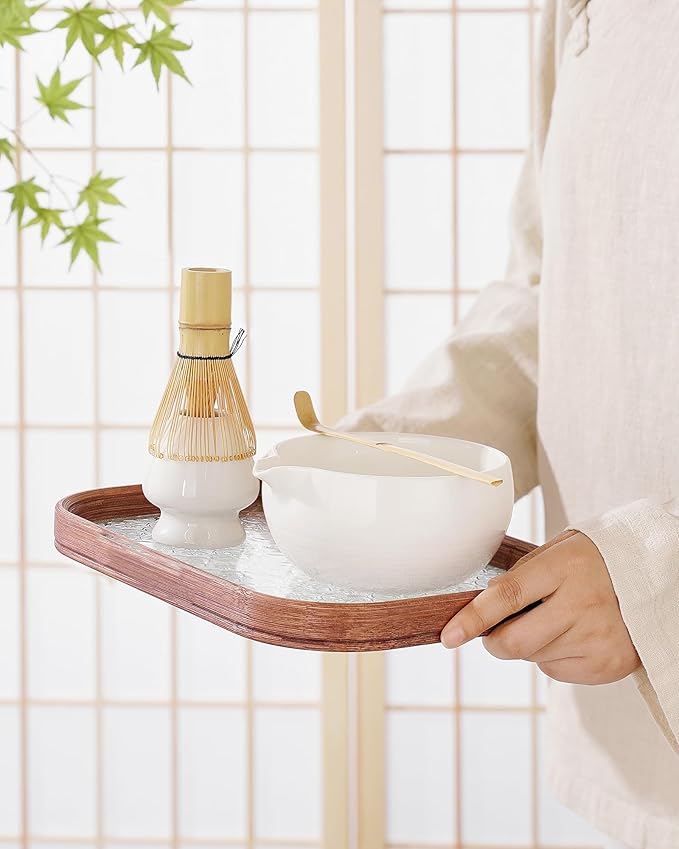 ZENS Matcha Whisk Set, 5pcs Matcha Kit Set Includes Ceramic Bowl, Bamboo Whisk and Chasen Holder, Scoop & Tea Mat,Matcha Tea ceremony Gift for Matcha Lovers, White