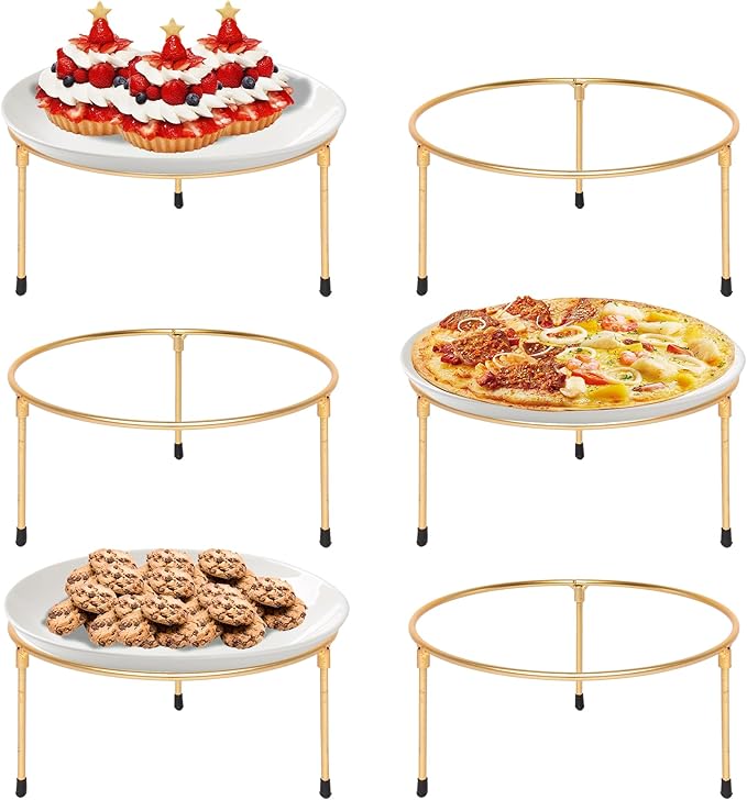 HPC DECOR Set of 6 Gold Metal Wire Pizza Pan Riser Stands-Round Pizza Tray Riser Rack Holder-Tabletop Display Racks,buffet risers for Food Platter Tray-Metal Display Stands for Home,Restaurant,Party.