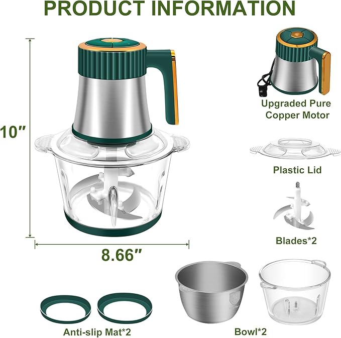Food Processor, 5-Speed Electric Food Chopper, Meat Grinder with 2 Bowls (8 Cup+8 Cup) & 2 Sets of Blades, Meat Processor for Meat, Vegetables, Fruits and Nuts (Green)