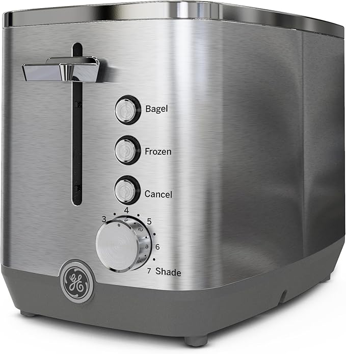 GE 2 Slice Stainless Steel Toaster, Extra Wide Slots for Toasting Bagels, Breads, Waffles & More, 7 Adjustable Shade Settings, Removable Crumb Tray, Countertop Kitchen Essentials, 850 Watts