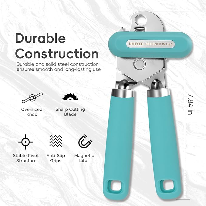 Can Opener Manual, UHIYEE Hand Held Manual Can Openers Heavy Duty with Smoother Cut Sharp Blade, Manual Hand Can Open with Soft Handle, Easy to Turn Knob, Magnetic Lid Lifter, Turquoise