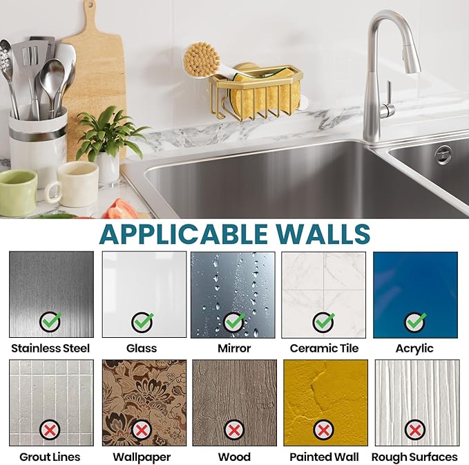 TAILI Sponge Holder for Kitchen Sink with Strong Suction Cup, Rustproof Aluminum Sink Caddy for Sponges, Brushes, Stoppers & Scrapers, Gold