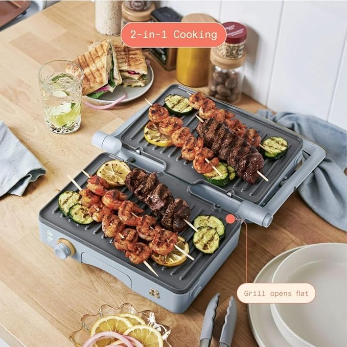 Panini Press Indoor Grill 1 2-in-1200W Non-Stick Removable Plates Sandwich Maker by Drew Barrymoree. (Cornflower Blue)
