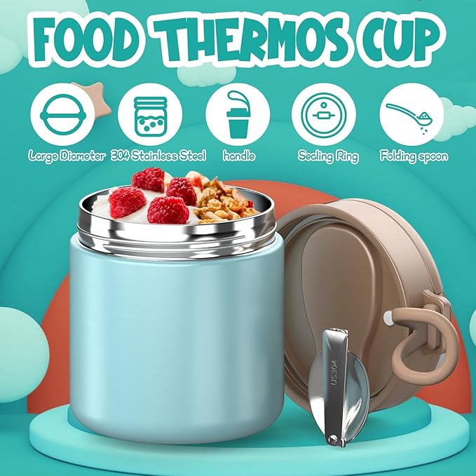 Insulated Food Jar for Kids - 15.2 Oz, Thermo for Hot Food, Soup Thermo, Insulated Food Container, Termos Para Comida Caliente, Width Mouth Stainless Steel Lunch Box with Spoon, Camouflage Blue