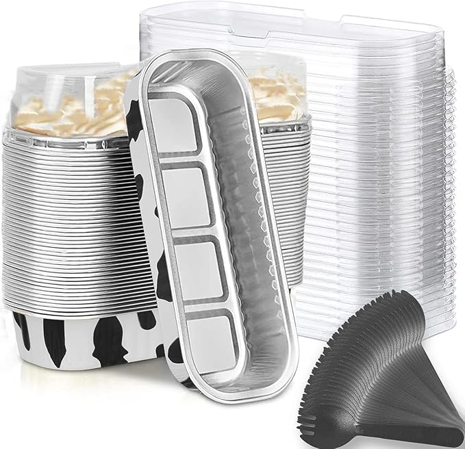 Findful Mini Loaf Baking Pans with Lids and Spoons (50 Pack, 6.8oz) Rectangle Aluminum Foil Baking Pans Tins Containers - Cupcake Containers Wrappers Cheesecake Creme Brulee Ramekins