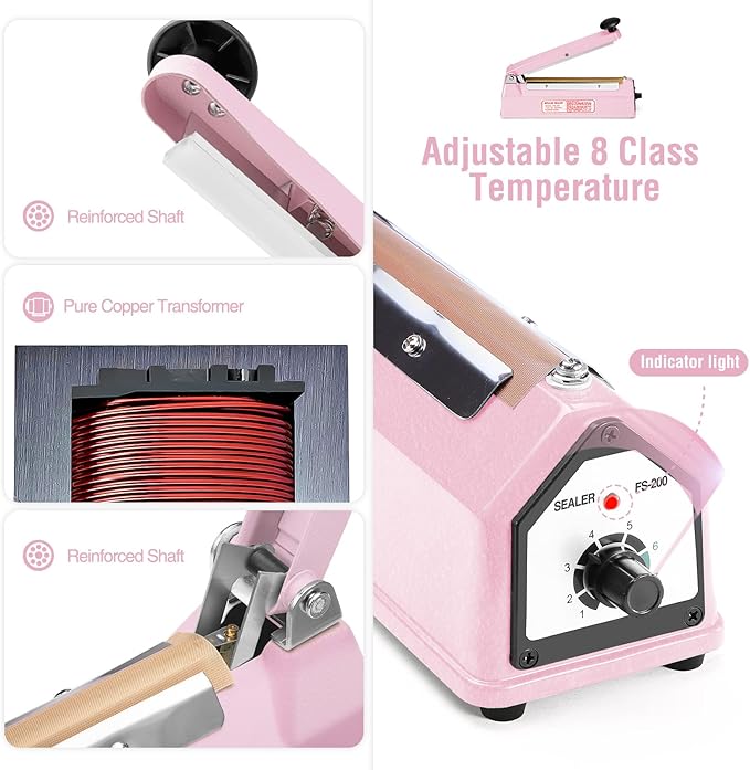 METRONIC Impulse Sealer 8 inch, Manual Heat Sealer Machine for Plastic Bags, Shrink Wrap Bag Sealers Heavy Duty Sealing Machine with Repair Kit (Pink)