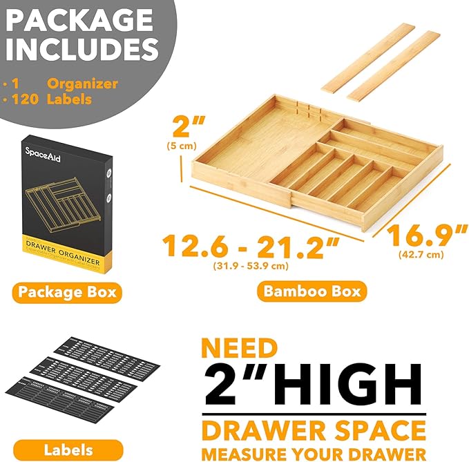 SpaceAid Bamboo Silverware Drawer Organizer with Labels (Natural, 6 Slots) and Utensil Organizer (Natural, 10 Slots)