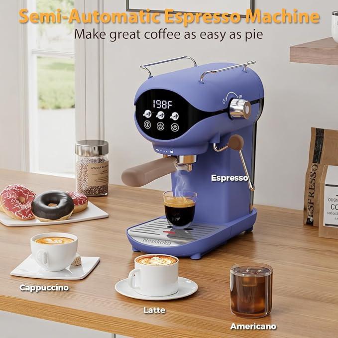 Espresso Machine with Steam Milk Frother Semi Automatic 20 Bar Compact Blue with Toggle Switch for home Cafetera Espresso, Latte, Cappuccino, Americano, Macchiato