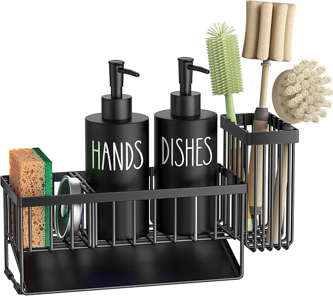 MASADI Kitchen Dish Soap Dispenser Set with Sponge Holder, 12OZ Glass Bottle, Hand and Dish Soap Dispenser Set, Non-Slip Silicone Pad, Brush Holder, Kitchen Sink Organizer Countertop (Black)