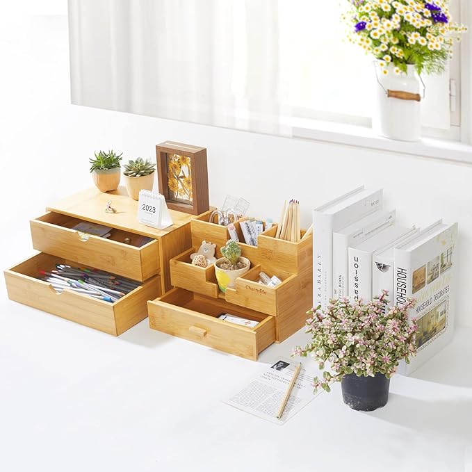 Charmewooden Bamboo Desk Organizer With Drawers Countertop Drawers Counter Storage Box Corner Desk Organizer for Home Office No Assembly Required (2 Drawers)