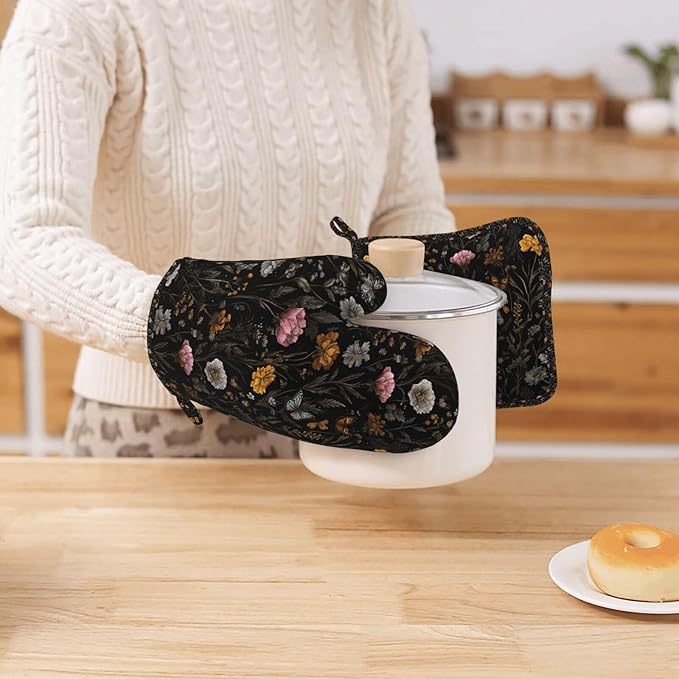 Oven Mitts and Pot Holders Flower Butterfly Boho Botanical Silicone Kitchen Accessories Set of 4 Heat Resistant Long Gloves Potholder Non-Slip Grip for Chef Baking Cooking Grilling BBQ