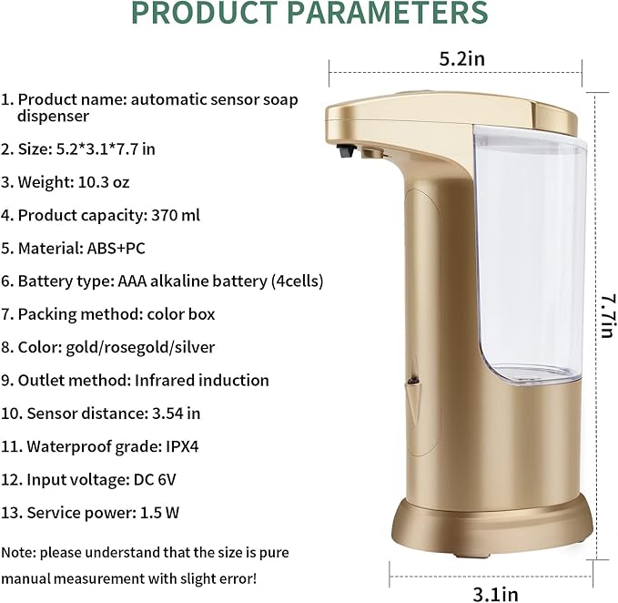 Automatic Soap Dispenser Touchless Sensor - Electric Liquid Soap Dispenser Touch Free with Adjustable Volume Switches for Kitchen Bathroom Countertop Shower Hotel