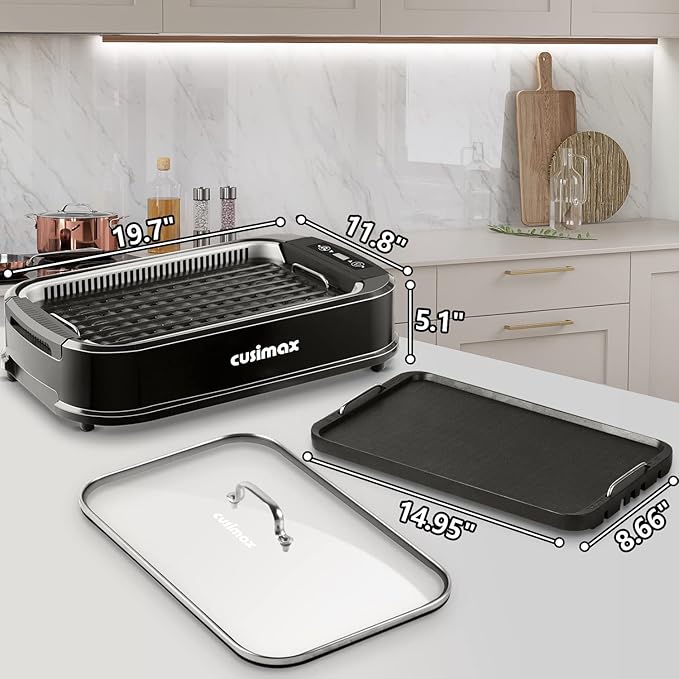 CUSIMAX Indoor Grill, Electric Smokeless Grill, 1500W Korean BBQ Grill, Electric Griddle with LED Smart Display & Tempered Glass Lid, Non-stick Removable Plate & Griddle Plate, Black