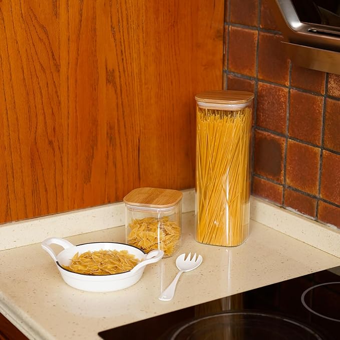 SHOWIN Glass Pasta Storage Jars Square 73oz, 3 Pack Glass Jars With Bamboo Lids, Tall Kitchen Storage Containers For Pasta, Storage For Pantry Organizers