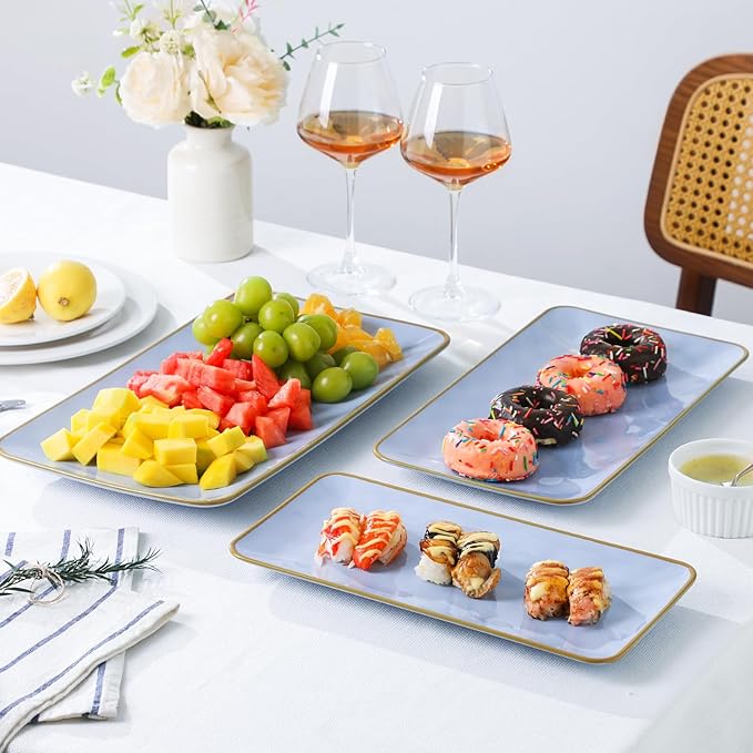 Ceramic Rectangle Serving Platter: 15.6/14.1/12.6 Inch Large Serving Dishes for Entertaining Party, Turkey, Cheese, Sushi, Snack and Dessert, Microwave Dishwasher Safe, Blue