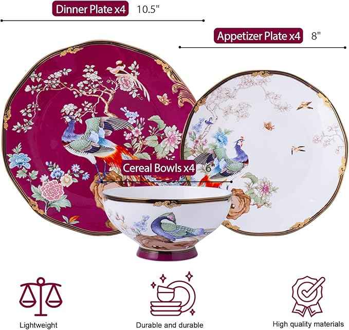 ACMLIFE Bone China Dinnerware Set, Porcelain Dinnerware Sets for 4, Vintage Floral China Dinnerware Set, Light Blue 12 Piece China Set Lightweight Bone China Dinner Sets Plates and Bowls Set (Red)