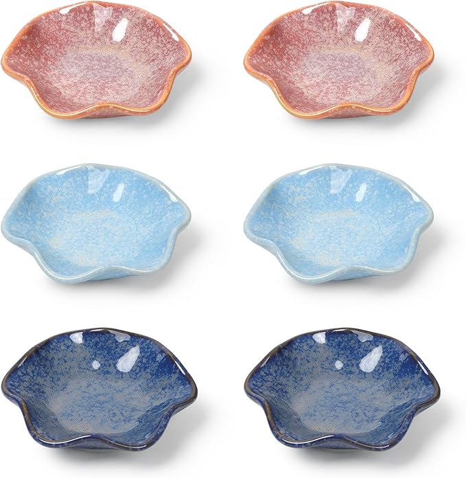 Dipping Bowls Set of 6, Ceramic Soy Sauce Dishes, 2 oz Dipping Sauce Cups, chrysanthemum Round Small Side Dish Dishes for Dipping Sushi Tomato Soy Sauce Dish