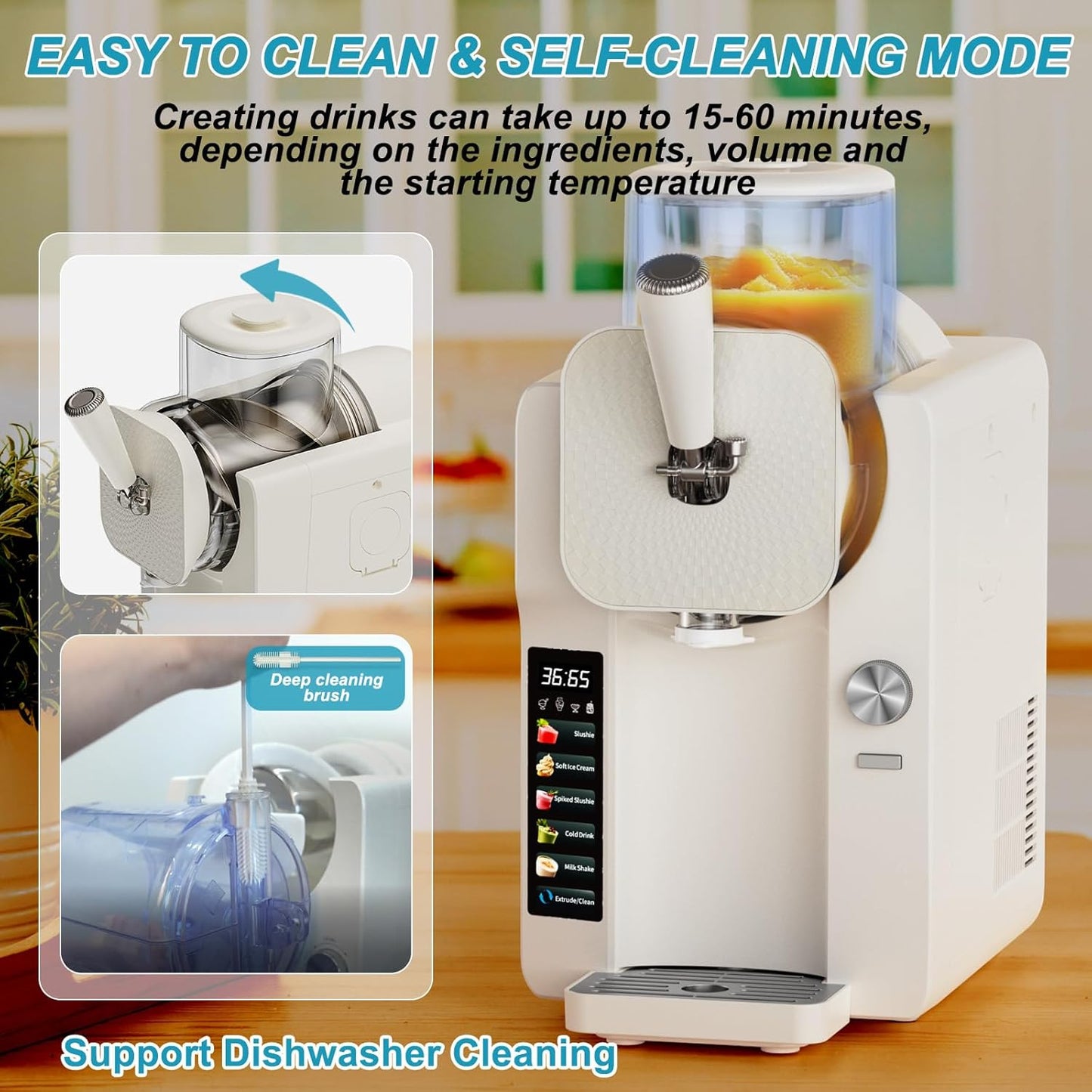 Ice Cream Maker, Slushie Machine for Home, Slushy Machine 70 oz Margarita Machine with 6 Preset Programs for Ice Cream, Smoothie, Milkshake, Cocktail, Frappés, 9-Level Adjustable Thickness, White