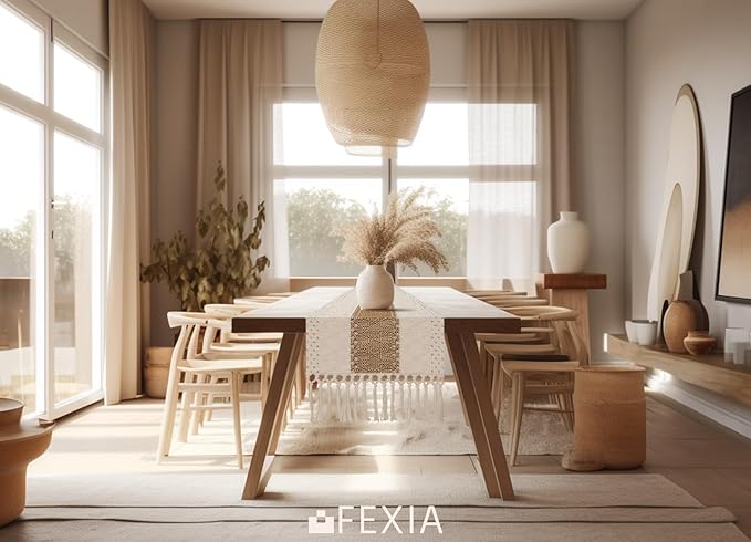 FEXIA Boho Table Runner 48 Inches Long with Tassels Christmas Thanksgiving Farmhouse Home Decor Rustic Cream & Brown Macrame Table Runner for Dining Bedroom Baby Bridal Shower Decor(12x48 Inches)