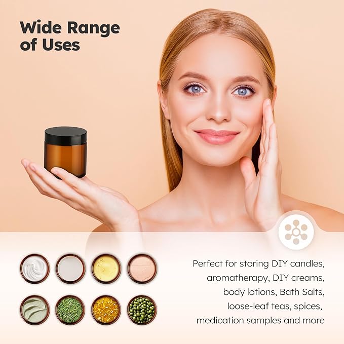 4 oz Glass Jars with Lids, 24 Pack Amber Small Glass Jars with Black Lids Leakproof Round Airtight Empty Cosmetic Travel Containers with Inner Liners For Lotions Powders and Candle Making