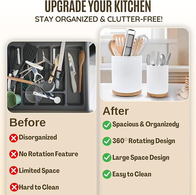 2 Pack Ceramic Utensil Holder, 7.3"+5.4" Large kitchen utensils holder for Countertop, 360ยฐ Rotating Cooking Utensil Crock for Kitchen Counter with Detachable Wooden Base, Kitchen Dรฉcor