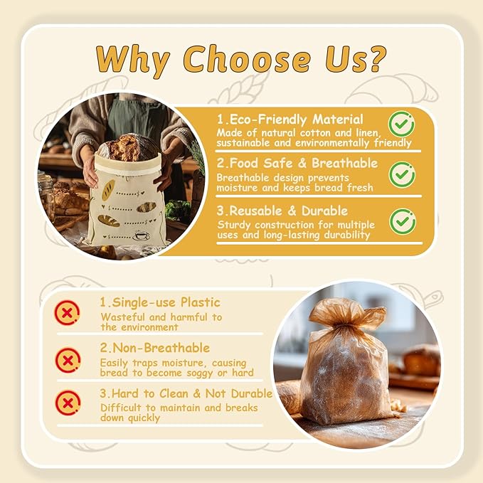 Reusable Beeswax Bread Bags Set – 2 Large Organic Linen Bread Bags (17 x 13 Inches) + 3 Beeswax Wraps for Food, Homemade Bread, Bagel,Sourdough, Freezer Safe & Keeps Food Fresh