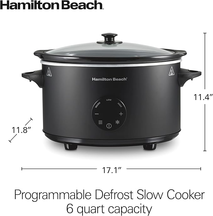 Hamilton Beach 6 Quart Set & Forget Programmable Slow Cooker with Defrost Function, Flexible Programming, Adjustable Countdown Timer, Large Dishwasher Safe Stoneware Crock and Glass Lid, Black (33765)