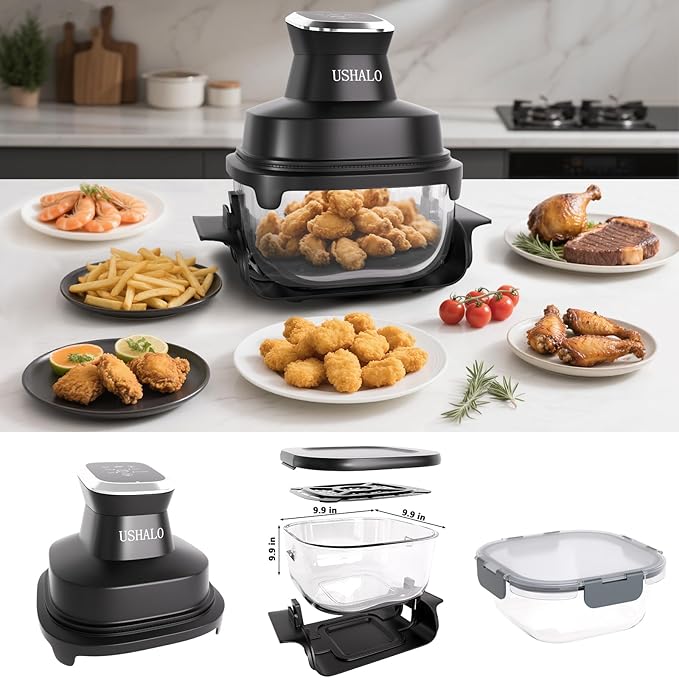 4-in-1 Glass Air Fryer, 1500W High Power Countertop Oven with Dual Glass Baskets with Lids, 180-400℉ Precise Heat Air Fryer Oven, PFOA & PFAS-Free, Dishwasher Safe, Ideal Kitchen Gift