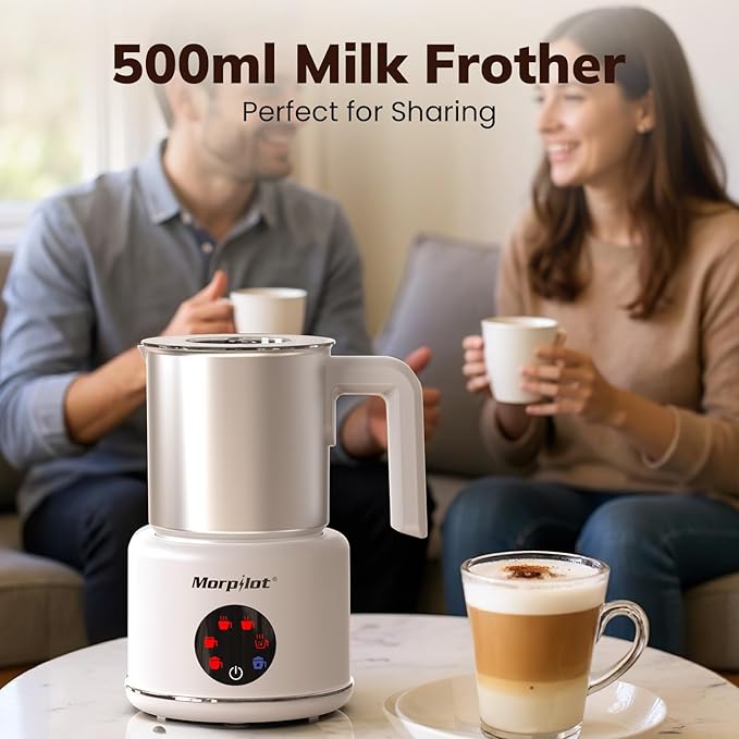 Large Electric Milk Frother and Steamer, 16.9oz/500ml Milk Steamer and Frother for Latte or Hot Chocolate, Dishwasher Safe, 6 Functions, Enjoy Perfect Milk Froth in 2 Min(White-Stainless Steel)