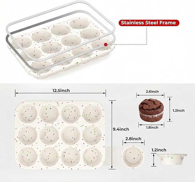 Silicone Muffin Pan for Baking: 12 Cup Muffin Pan with Metal Reinforced Frame, Regular Size Cupcake Egg Bites Molds for Baking, BPA Free Silicone Muffin Tray, Dishwasher Safe (1 Pack, White)