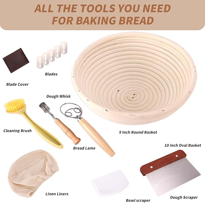 Banneton Proofing Basket Set - 9-inch Round Bread Baking Supplies, Sourdough Tools & Bread Making Accessories for Artisan Baking