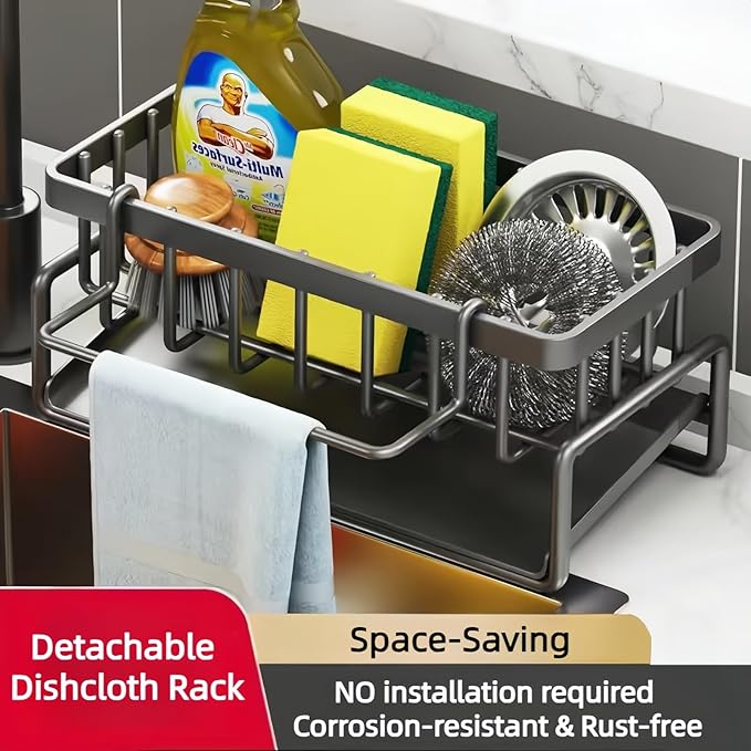 Carbon Steel Kitchen Sink Caddy, Sponge Holder Self Drain Soap Dish with Detachable Dishcloth Rack for Kitchen Countertop Organizer, Black