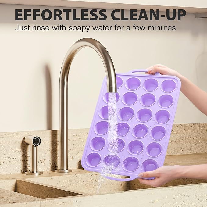 2 Pack Silicone Muffin Pan 12 and 24 Cup with Metal Frame, Non Stick Silicone Mini Cupcake Pan with Handles, BPA Free Silicon Regular Muffin Tin Tray Small for baking, egg bites, Mold Purple