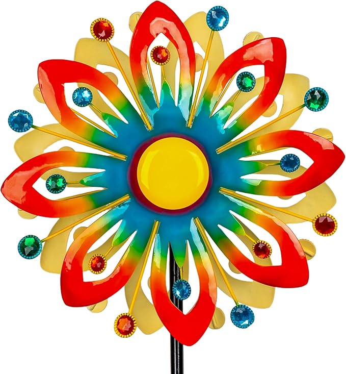 Solar Wind Spinner Outdoor Metal Garden Decor – 60.63'' Kinetic Flower Sculpture with Color-Changing LED Crackle Glass Ball & Gemstone, Waterproof Wind Catchers for Patio, Yard, Lawn Art Decoration