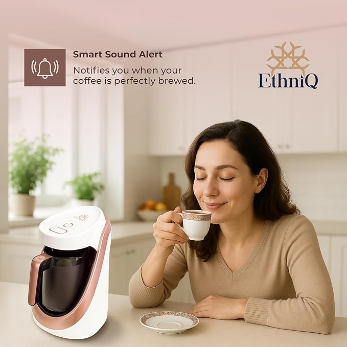 ETHNIQ Turkish Coffee Maker - 100% BPA Free, 120V, 1 to 4 Cup Brewing Capacity with Cook Sense Technology for Delicious Cup of Turkish & Greek Coffee, Turkish Coffee Pot (White)