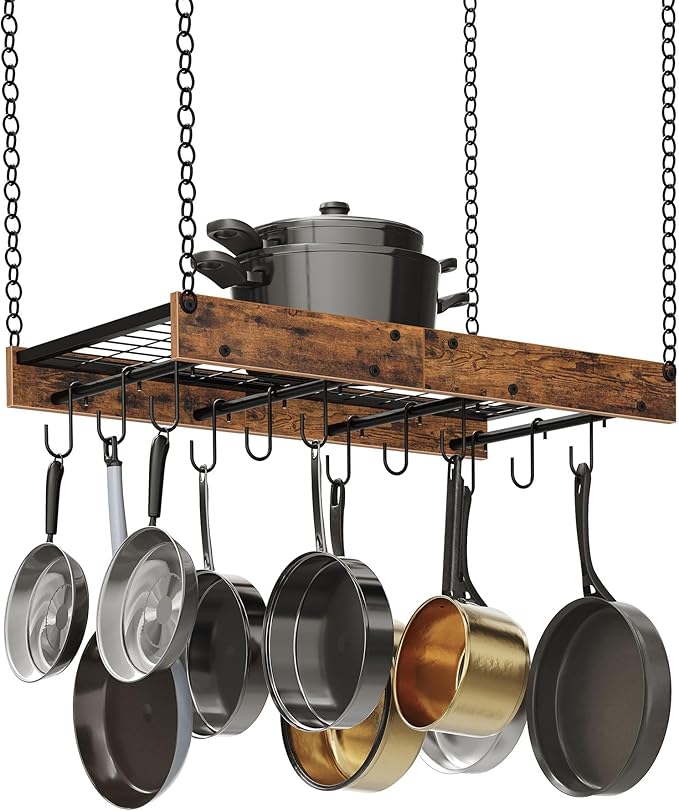 CHOEZON Hanging Pot Rack, Vintage Pot Hangers for Kitchen, Ceiling Mounted Pot Rack, Pot and Pan Hanging Rack with 12 S-Shaped Hooks, for Cookware Storage, Rustic Brown and Black TPR01BF