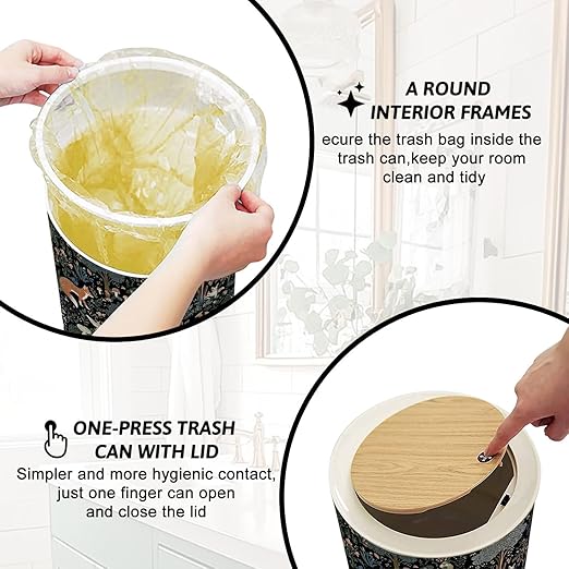 Trash Can with Lid Whimsical Woodland Animals Foxes Rabbits Forest Press Top Round Small Garbage Bin with Wooden Legs Waste Basket for Kitchen Bedroom Nursery 7L/1.8 Gallon