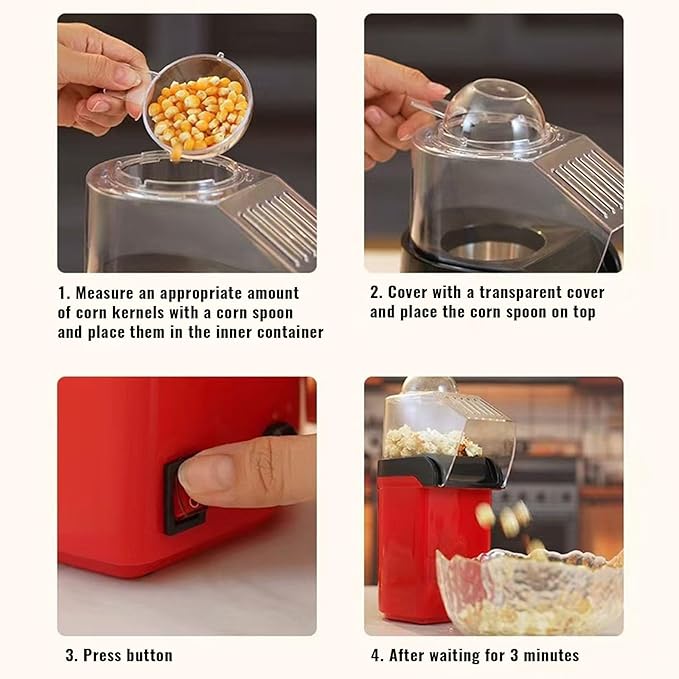 Hot Air Popcorn Popper, Mini Electric Popcorn Maker, Oil-Free Air Popper Up to 8 Cups in Minutes, Measuring Cup Butter Melting Tray, One-Touch Switch, Easy 1-2-3, Movie Night, Dorm(Red)