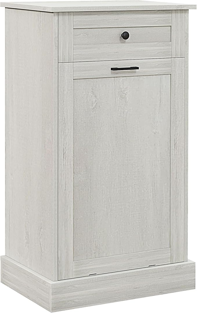 HRVEOCEI Single Tilt Out Trash Can Cabinet for 10 Gallon, Trash Can Holder Cabinet with Drawer, Farmhouse Garbage Cabinets for Kitchen Living Room, Easy to Clean (Gray)