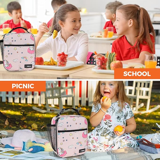 opux Premium Insulated Lunch Box, Soft School Lunch Bag for Kids Girls, Leakproof Small Lunch Pail Women Work, Reusable Compact Cooler Tote Lunchbox for Office, Pink Unicorn