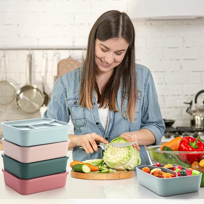 Honeydak 6 Pcs Silicone Bento Box Reusable Lunch Container 4 Compartment Snack Boxes with Lid Smooth LeakProof Rectangle Food Boxes for Adult Work Travel Food Storage(Classic Color)