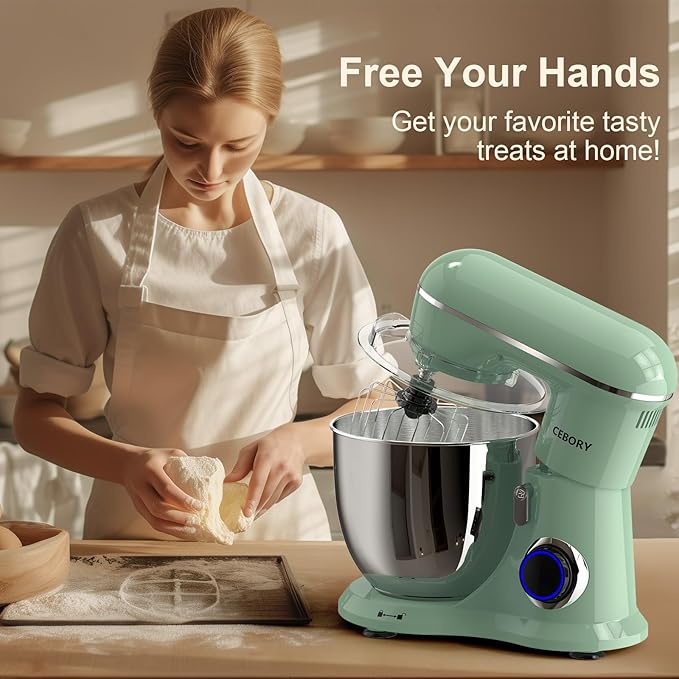 CEBORY 3-IN-1 Electric Stand Mixer, 6.5QT Bowl 660W 10-Speed Kitchen Mixer, Household Food Mixers include Dough Hook, Beater and Whisk, Bread Cake Mixer for Baking and Most Home Cooks, Agave Green
