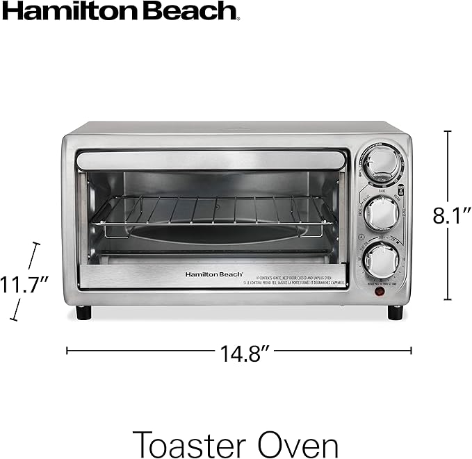 Hamilton Beach 4-Slice Toaster Oven with 5 Cooking Modes (Bake, Broil, Keep Warm Toast & Bagel) with Stay On & Auto Shutoff, 2 Rack Positions, 1100 Watts and 3 Accessories, Stainless Steel (31143)