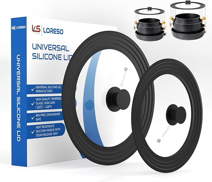 LSR Loreso Universal Pan Lid for Pots Pans and Skillets 7.5-11.5 Inch - Tempered Glass Pot Lid Set with Auto-Sizing Silicone Rim, 2 Pack Black