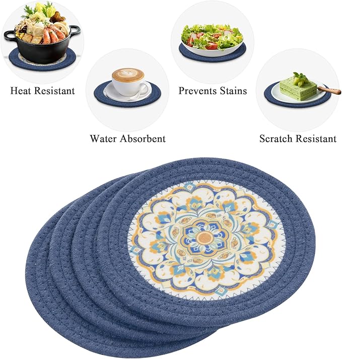 SHACOS 8 Inches Trivets for Hot Dishes, 4 Pieces Cotton and Felt Floral Pattern Trivet Mats for Kitchen, Hot Pads for Countertops and Table, Heat-Resistant Pot Holders for Hot Pots and Pans, Blue